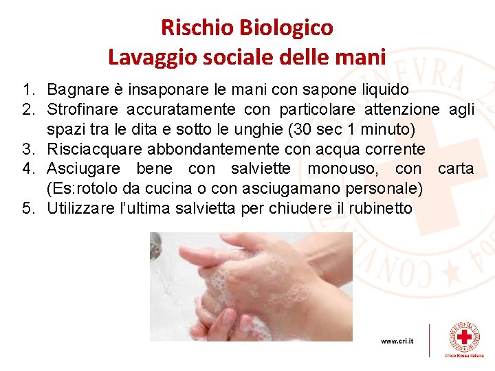 Rischio Biologico Lavaggio sociale delle mani 1. Bagnare è insaponare le mani con sapone