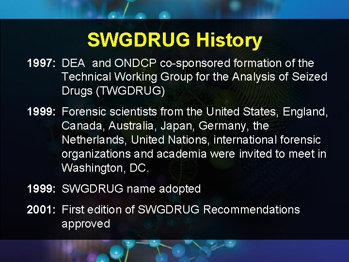 SWGDRUG History 1997: DEA and ONDCP co-sponsored formation of the Technical Working Group for SWGDRUG History 1997: DEA and ONDCP co-sponsored formation of the Technical Working Group for