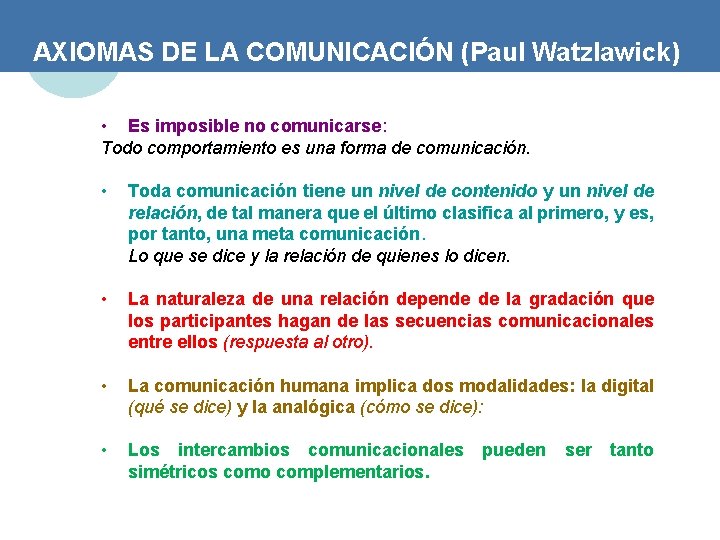 AXIOMAS DE LA COMUNICACIÓN (Paul Watzlawick) • Es imposible no comunicarse: Todo comportamiento es