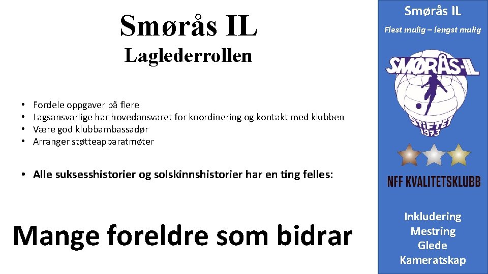 Smørås IL Flest mulig – lengst mulig Laglederrollen • • Fordele oppgaver på flere