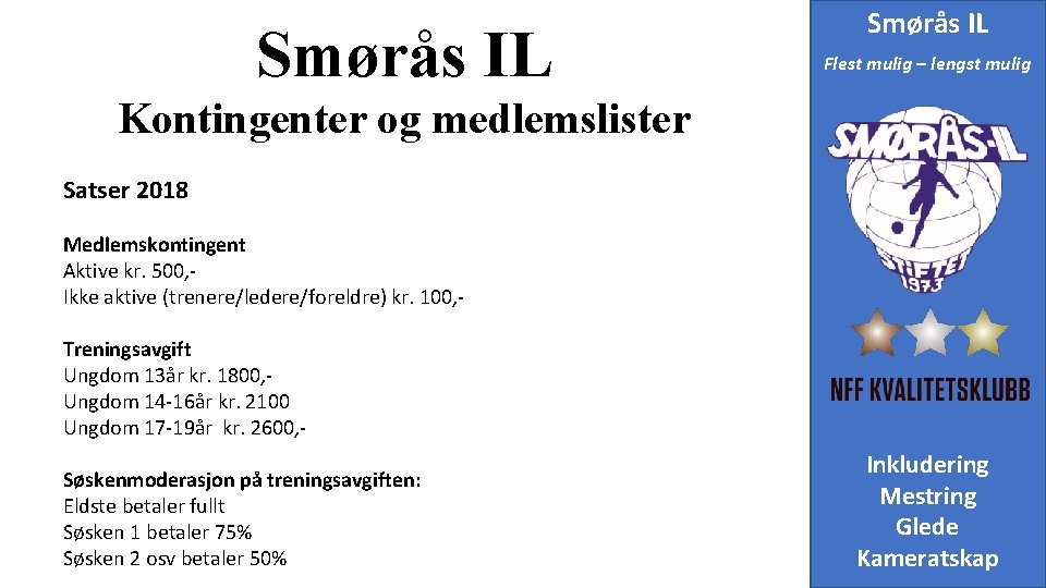 Smørås IL Flest mulig – lengst mulig Kontingenter og medlemslister Satser 2018 Medlemskontingent Aktive