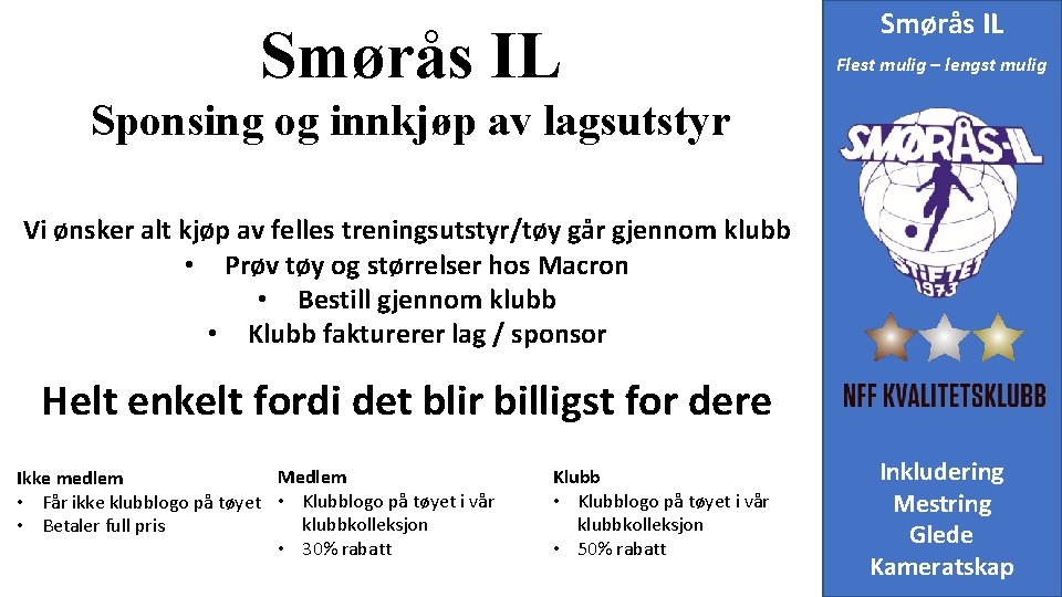 Smørås IL Flest mulig – lengst mulig Sponsing og innkjøp av lagsutstyr Vi ønsker