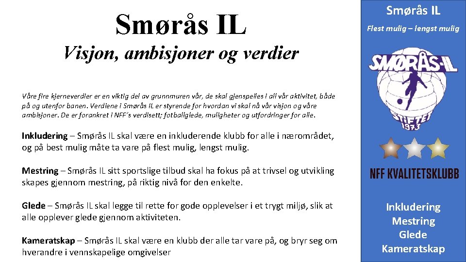 Smørås IL Flest mulig – lengst mulig Visjon, ambisjoner og verdier Våre fire kjerneverdier