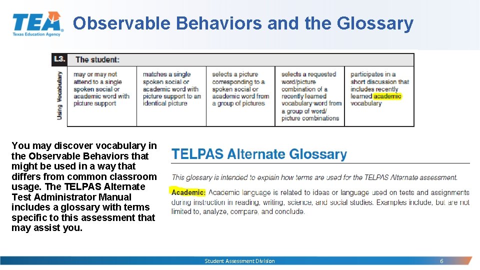 Observable Behaviors and the Glossary You may discover vocabulary in the Observable Behaviors that