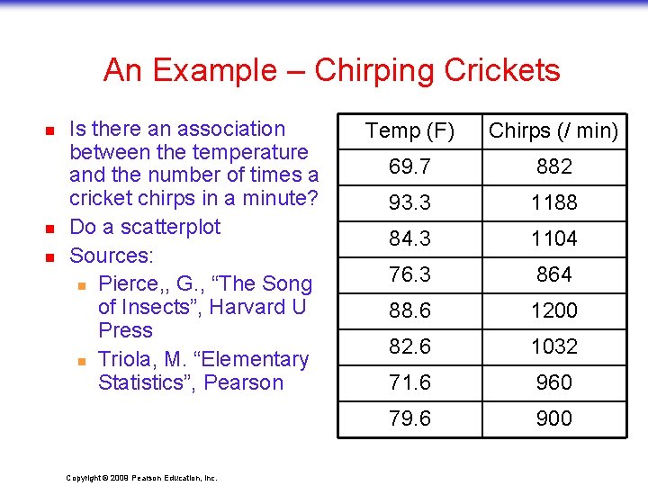 An Example – Chirping Crickets n n n Is there an association between the