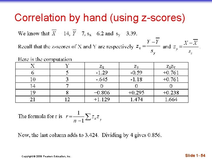 Correlation by hand (using z-scores) Copyright © 2009 Pearson Education, Inc. Slide 1 -