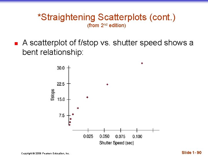 *Straightening Scatterplots (cont. ) (from 2 nd edition) n A scatterplot of f/stop vs.