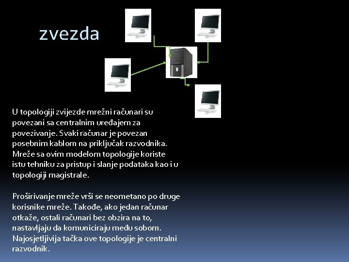 zvezda U topologiji zvijezde mrežni računari su povezani sa centralnim uređajem za povezivanje. Svaki