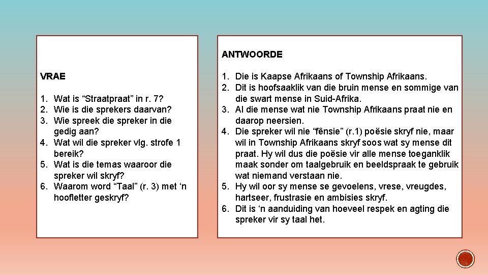 ANTWOORDE VRAE 1. Wat is “Straatpraat” in r. 7? 2. Wie is die sprekers