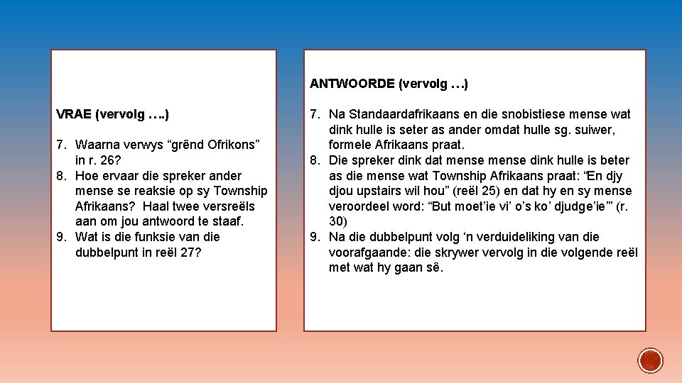 ANTWOORDE (vervolg …) VRAE (vervolg …. ) 7. Waarna verwys “grênd Ofrikons” in r.