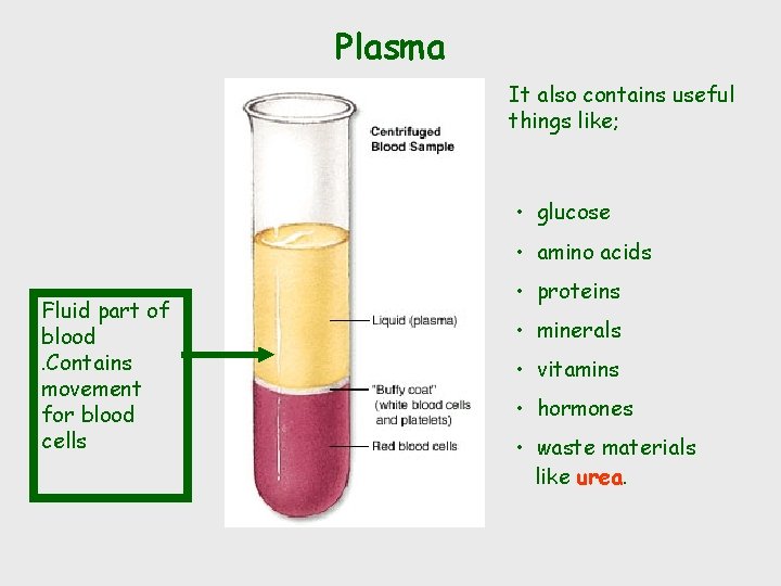 Plasma It also contains useful things like; • glucose • amino acids Fluid part