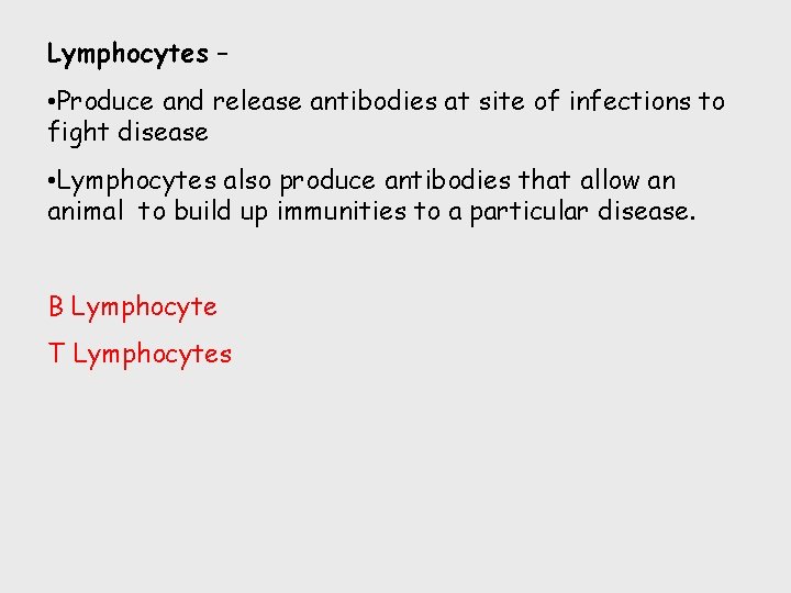 Lymphocytes – • Produce and release antibodies at site of infections to fight disease