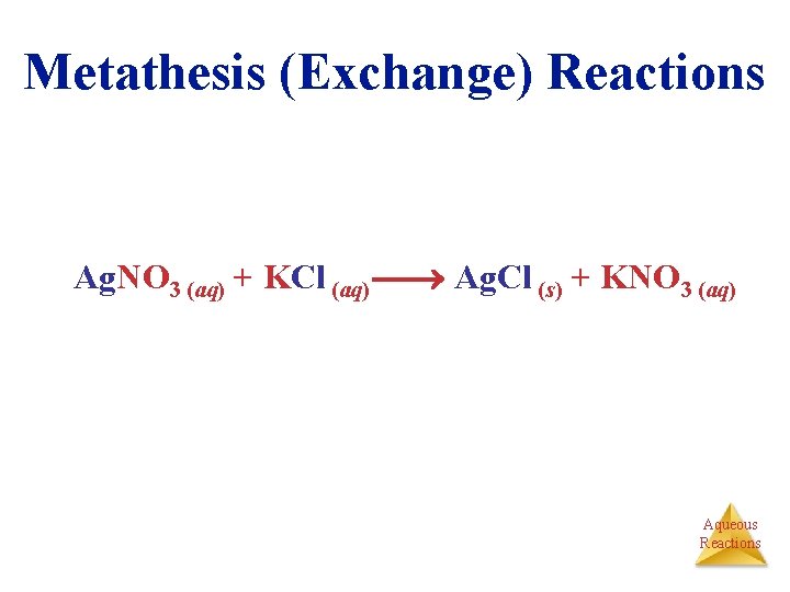 Metathesis (Exchange) Reactions Ag. NO 3 (aq) + KCl (aq) Ag. Cl (s) +