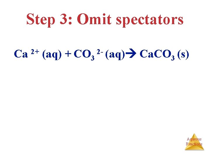 Step 3: Omit spectators Ca 2+ (aq) + CO 3 2 - (aq) Ca.