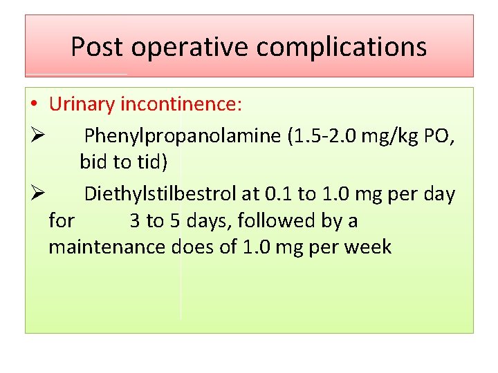 Post operative complications • Urinary incontinence: Ø Phenylpropanolamine (1. 5 -2. 0 mg/kg PO,