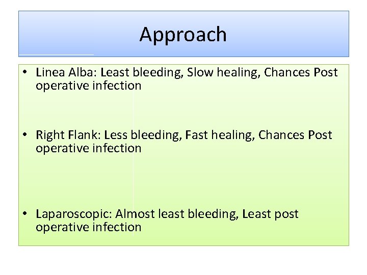 Approach • Linea Alba: Least bleeding, Slow healing, Chances Post operative infection • Right