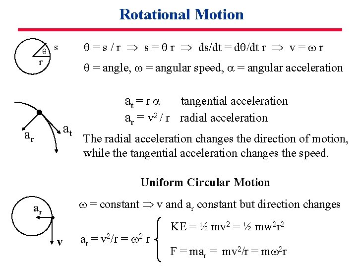 Rotational Motion = s / r s = r ds/dt = d /dt r