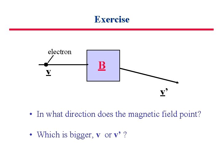 Exercise electron v B v’ • In what direction does the magnetic field point?