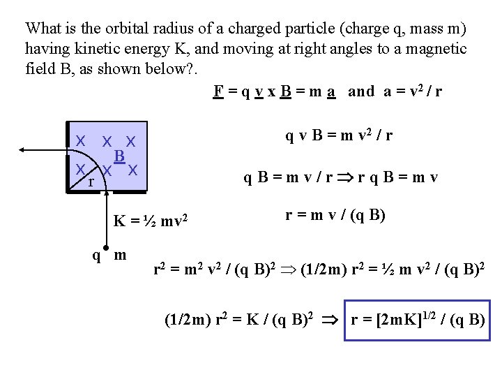 What is the orbital radius of a charged particle (charge q, mass m) having