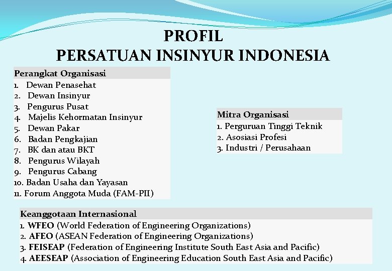 PROFIL PERSATUAN INSINYUR INDONESIA Perangkat Organisasi 1. Dewan Penasehat 2. Dewan Insinyur 3. Pengurus