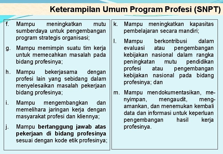 Keterampilan Umum Program Profesi (SNPT) f. Mampu meningkatkan mutu sumberdaya untuk pengembangan program strategis