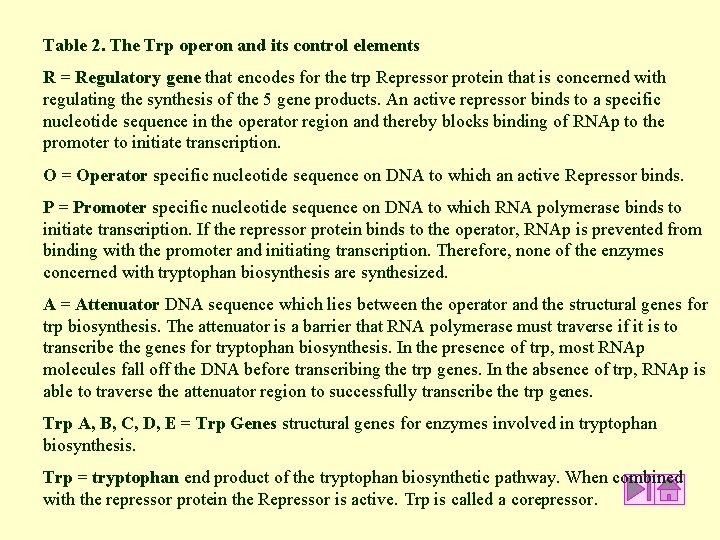 Table 2. The Trp operon and its control elements R = Regulatory gene that Table 2. The Trp operon and its control elements R = Regulatory gene that