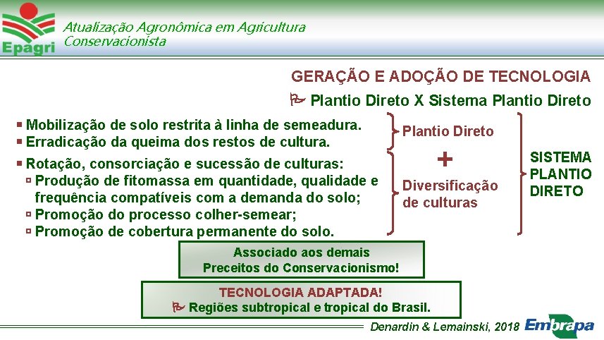 Atualização Agronômica em Agricultura Conservacionista GERAÇÃO E ADOÇÃO DE TECNOLOGIA Plantio Direto X Sistema