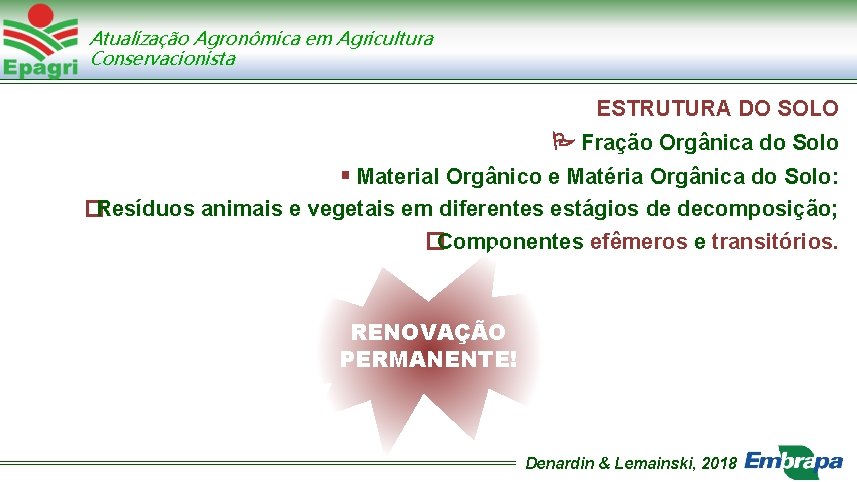 Atualização Agronômica em Agricultura Conservacionista ESTRUTURA DO SOLO Fração Orgânica do Solo Material Orgânico
