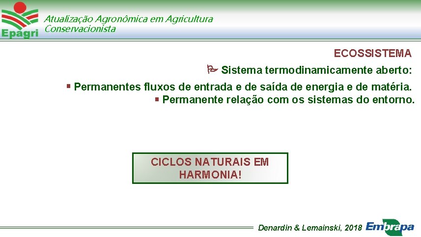 Atualização Agronômica em Agricultura Conservacionista ECOSSISTEMA Sistema termodinamicamente aberto: Permanentes fluxos de entrada e