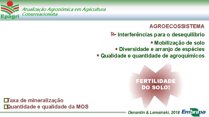 Atualização Agronômica em Agricultura Conservacionista AGROECOSSISTEMA Interferências para o desequilíbrio Mobilização de solo Diversidade