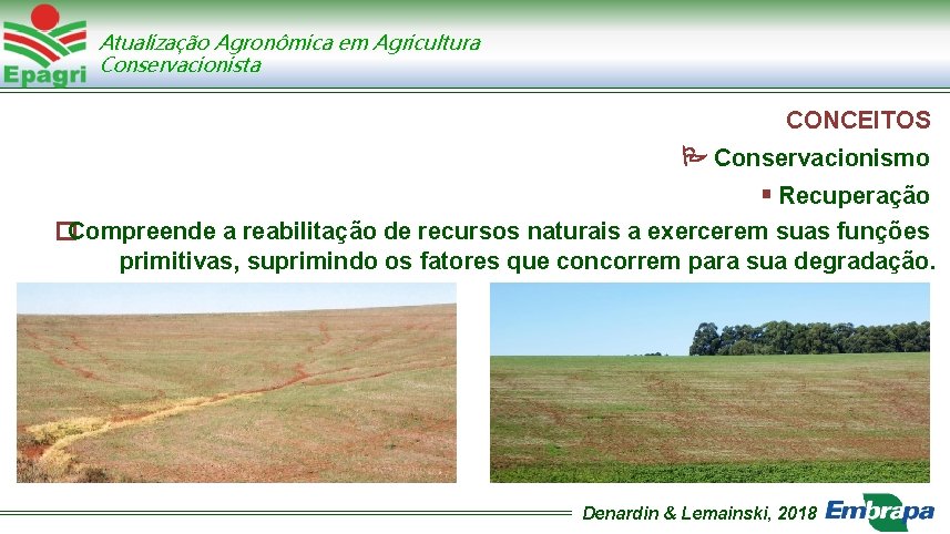 Atualização Agronômica em Agricultura Conservacionista CONCEITOS Conservacionismo Recuperação �Compreende a reabilitação de recursos naturais