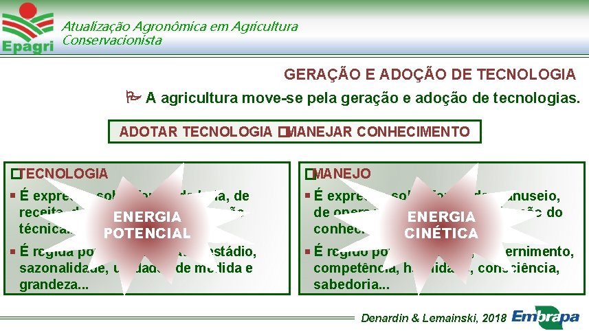 Atualização Agronômica em Agricultura Conservacionista GERAÇÃO E ADOÇÃO DE TECNOLOGIA A agricultura move-se pela