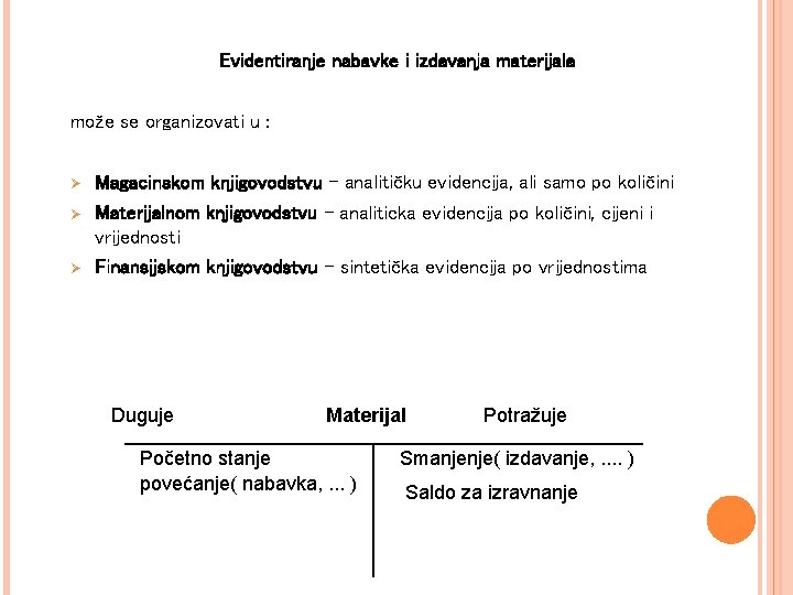 Evidentiranje nabavke i izdavanja materijala može se organizovati u : Ø Magacinskom knjigovodstvu –