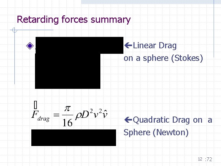 Retarding forces summary. Linear Drag on a sphere (Stokes) Quadratic Drag on a Sphere