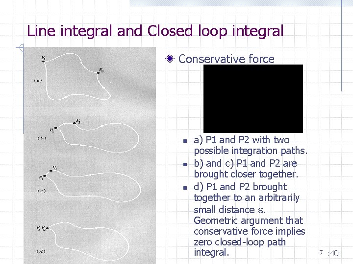 Line integral and Closed loop integral Conservative force n n n a) P 1