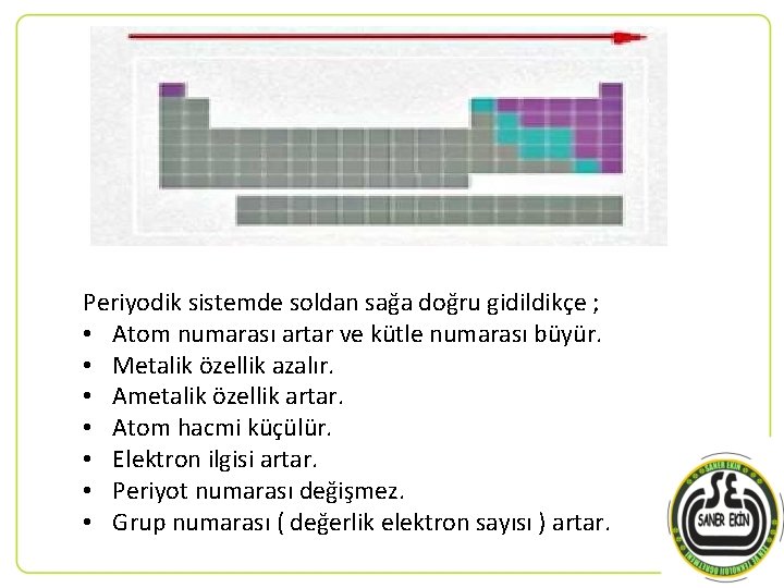 Periyodik sistemde soldan sağa doğru gidildikçe ; • Atom numarası artar ve kütle numarası