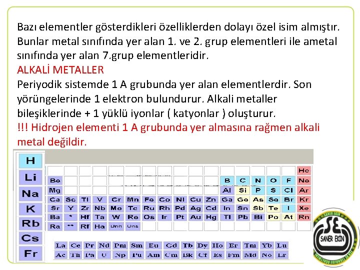 Bazı elementler gösterdikleri özelliklerden dolayı özel isim almıştır. Bunlar metal sınıfında yer alan 1.