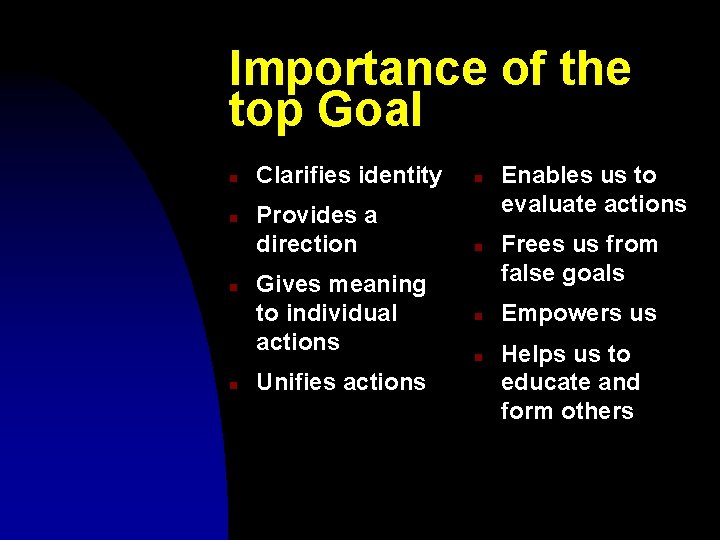 Importance of the top Goal n n Clarifies identity n Provides a direction n