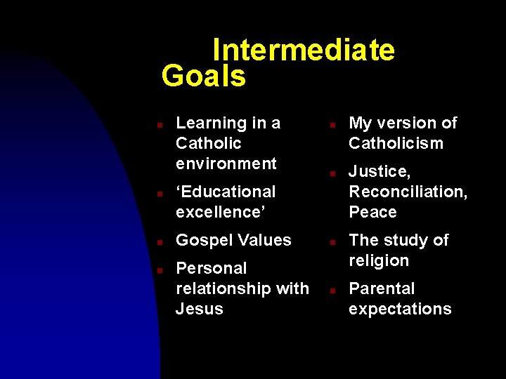 Intermediate Goals n n Learning in a Catholic environment n n ‘Educational excellence’ Gospel