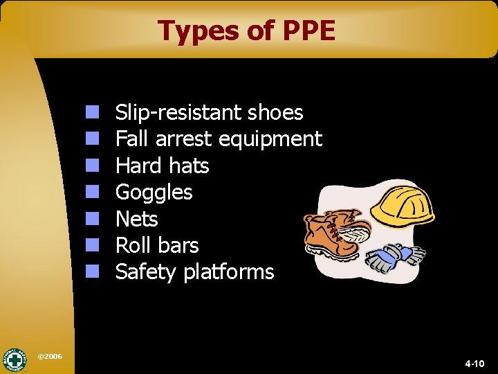 Types of PPE n n n n © 2006 Slip-resistant shoes Fall arrest equipment