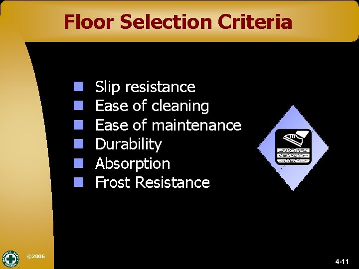 Floor Selection Criteria n n n © 2006 Slip resistance Ease of cleaning Ease