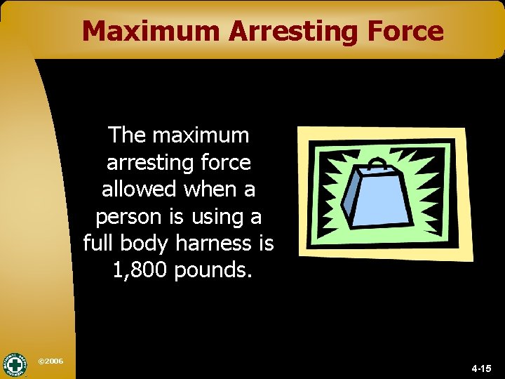 Maximum Arresting Force The maximum arresting force allowed when a person is using a