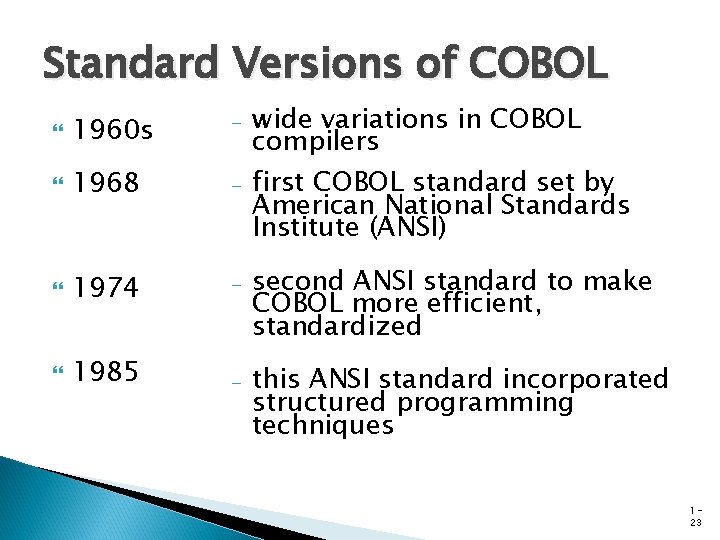 Standard Versions of COBOL - 1960 s 1968 - 1974 - 1985 - wide