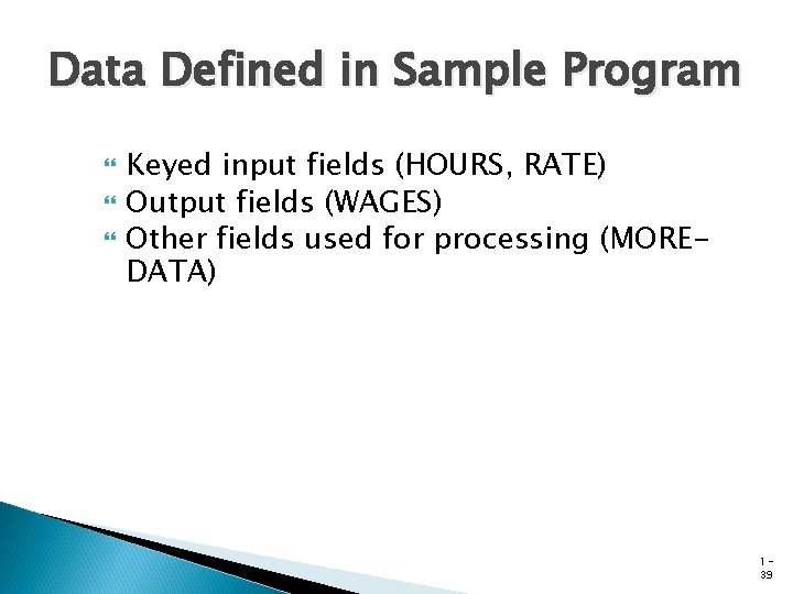 Data Defined in Sample Program Keyed input fields (HOURS, RATE) Output fields (WAGES) Other