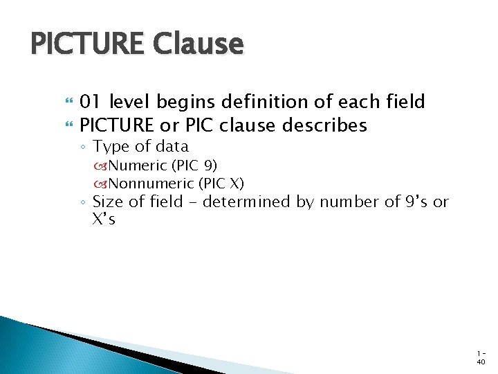 PICTURE Clause 01 level begins definition of each field PICTURE or PIC clause describes