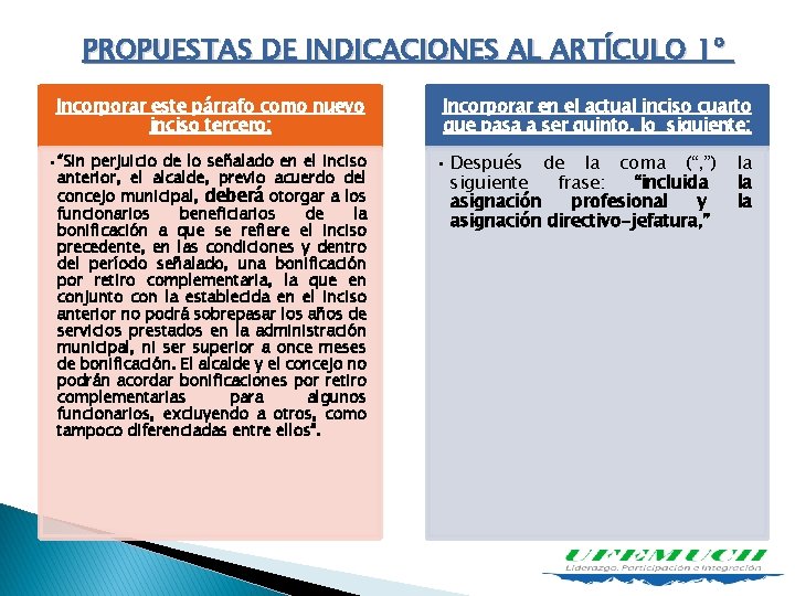 PROPUESTAS DE INDICACIONES AL ARTÍCULO 1º Incorporar este párrafo como nuevo inciso tercero: •