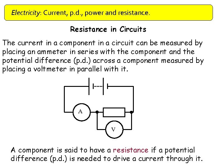 Electricity: Current, p. d. , power and resistance. Resistance in Circuits The current in