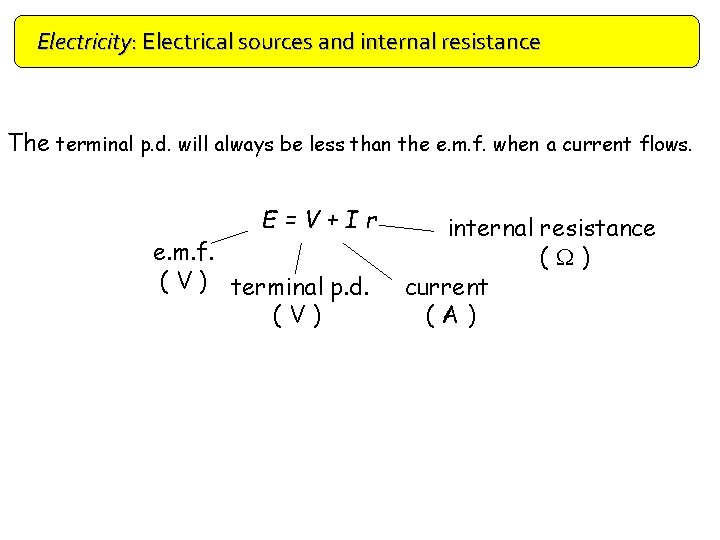Electricity: Electrical sources and internal resistance The terminal p. d. will always be less