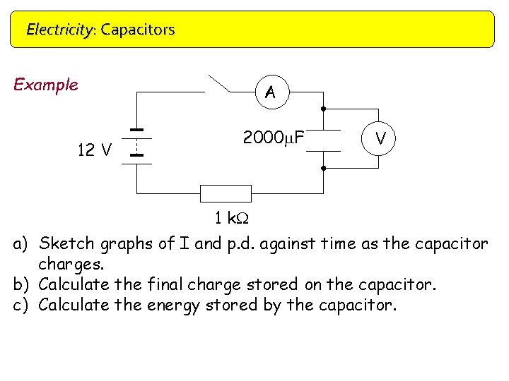 Electricity: Capacitors Example 12 V A 2000 m. F V 1 k. W a)