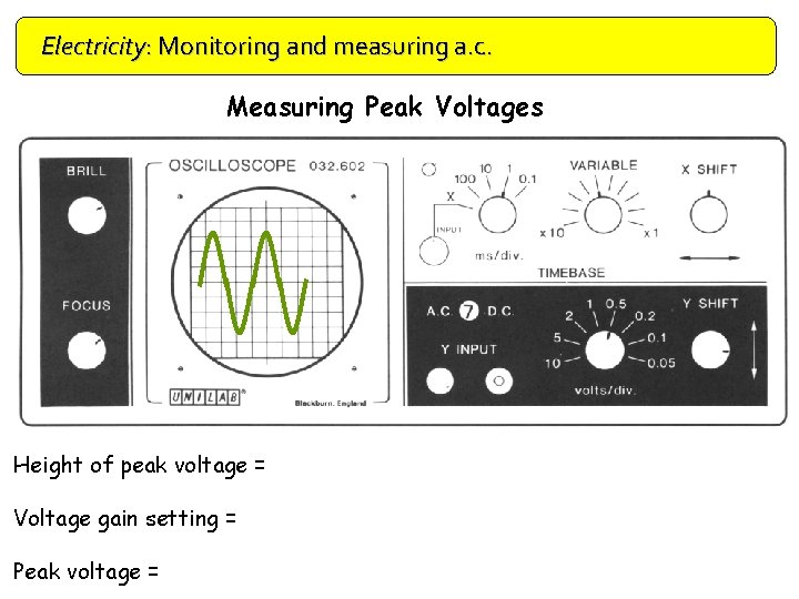 Electricity: Monitoring and measuring a. c. Measuring Peak Voltages Height of peak voltage =